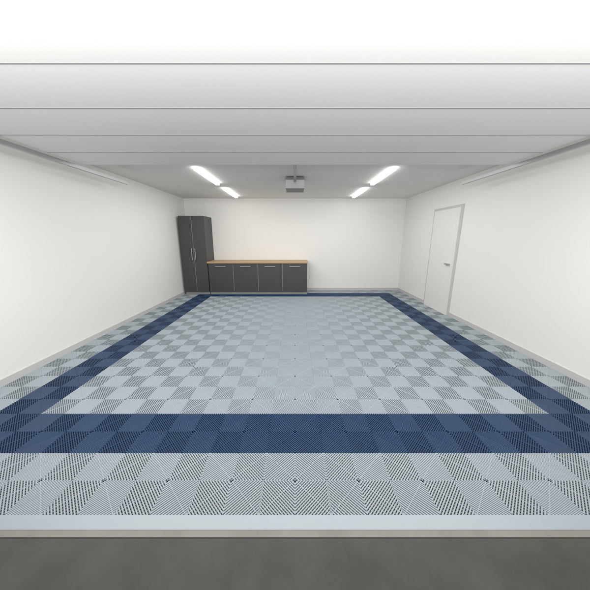 ULTRAGRID Double Garage Floor Kit, Border Plain Infill, Silver Grey / Night Blue, seen from the garage door