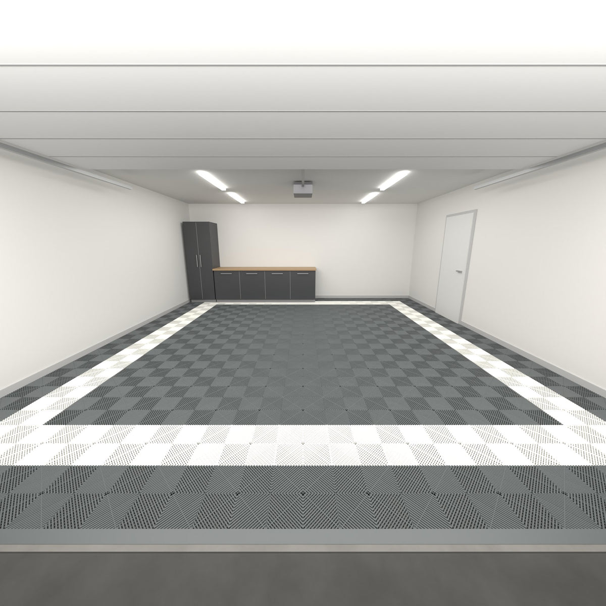 ULTRAGRID Double Garage Floor Kit, Border Plain Infill, Space Grey / Alpine White, seen from the garage door