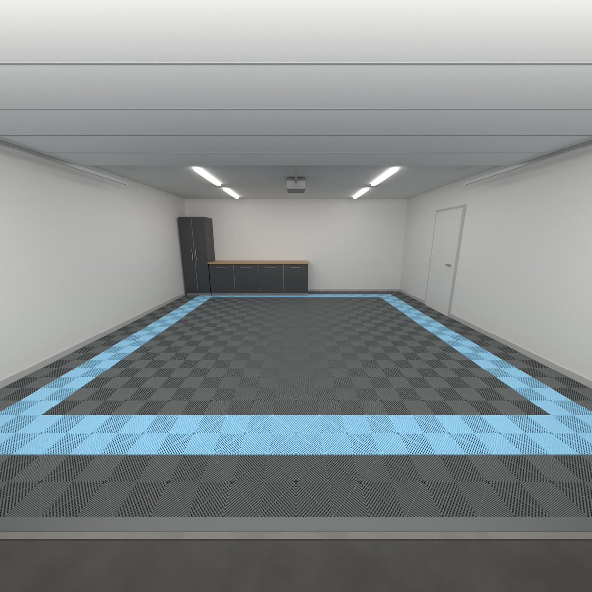 ULTRAGRID Double Garage Floor Kit, Border Plain Infill, Space Grey / Gulf Blue, seen from the garage door