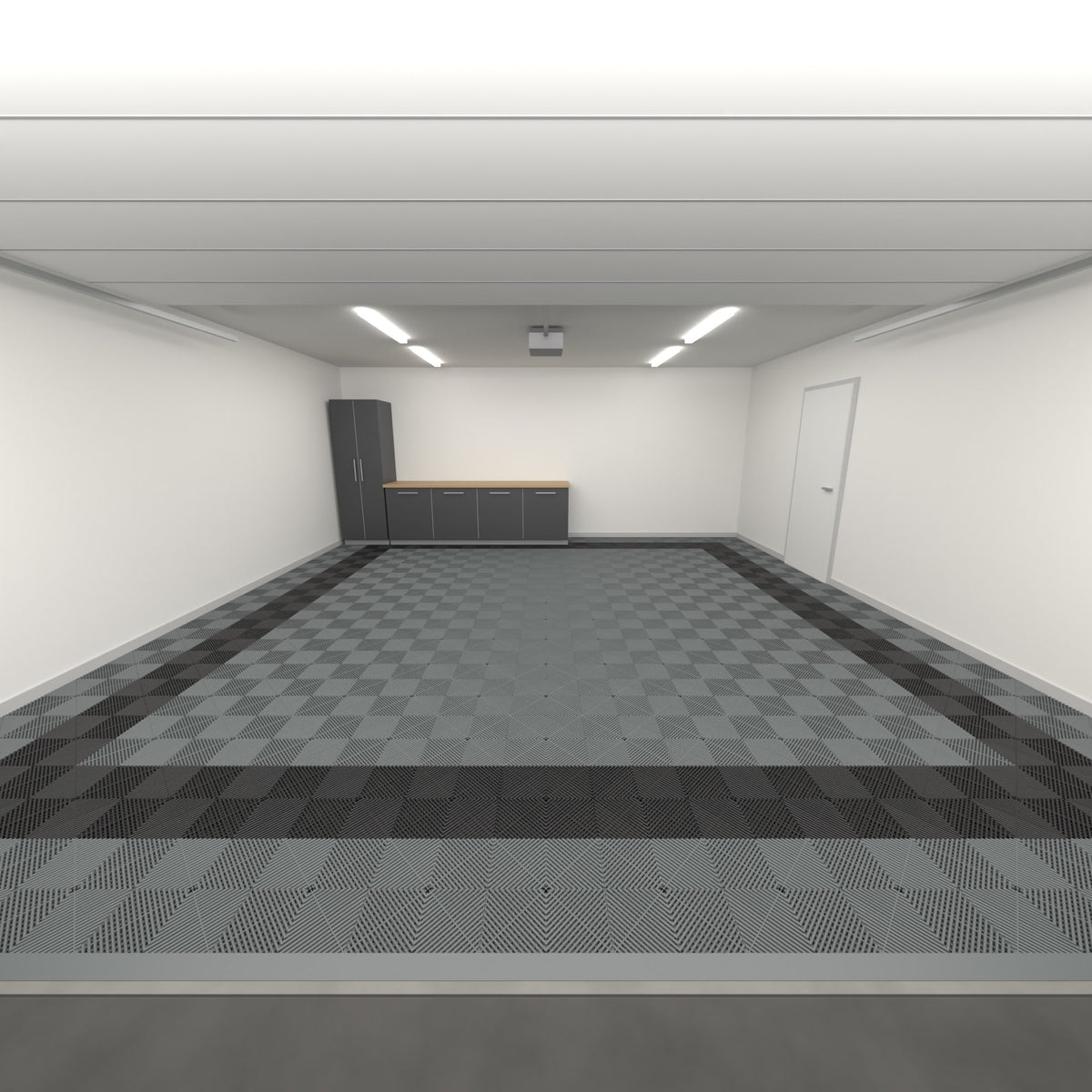 ULTRAGRID Double Garage Floor Kit, Border Plain Infill, Space Grey / Jet Black, seen from the garage door