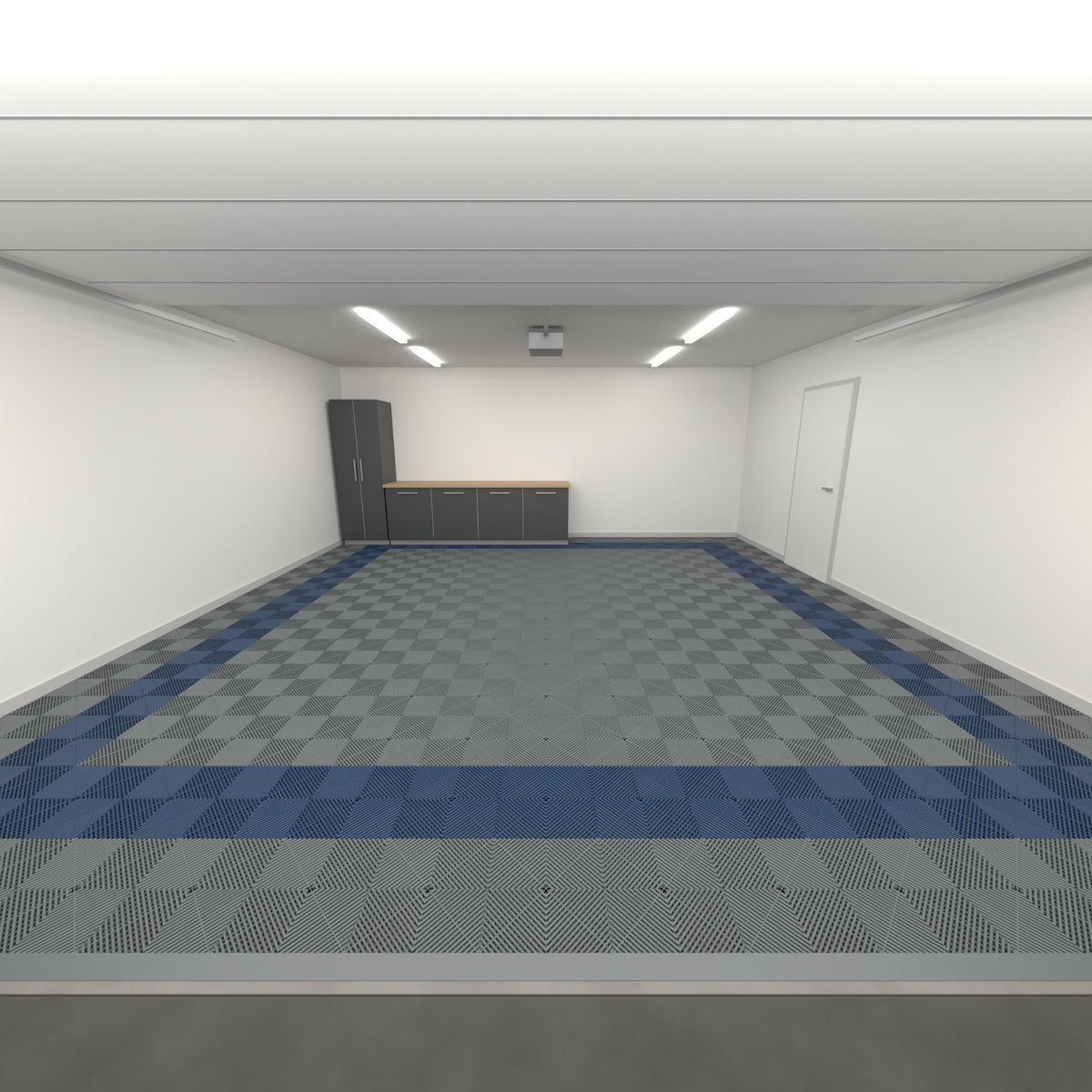 ULTRAGRID Double Garage Floor Kit, Border Plain Infill, Space Grey / Night Blue, seen from the garage door