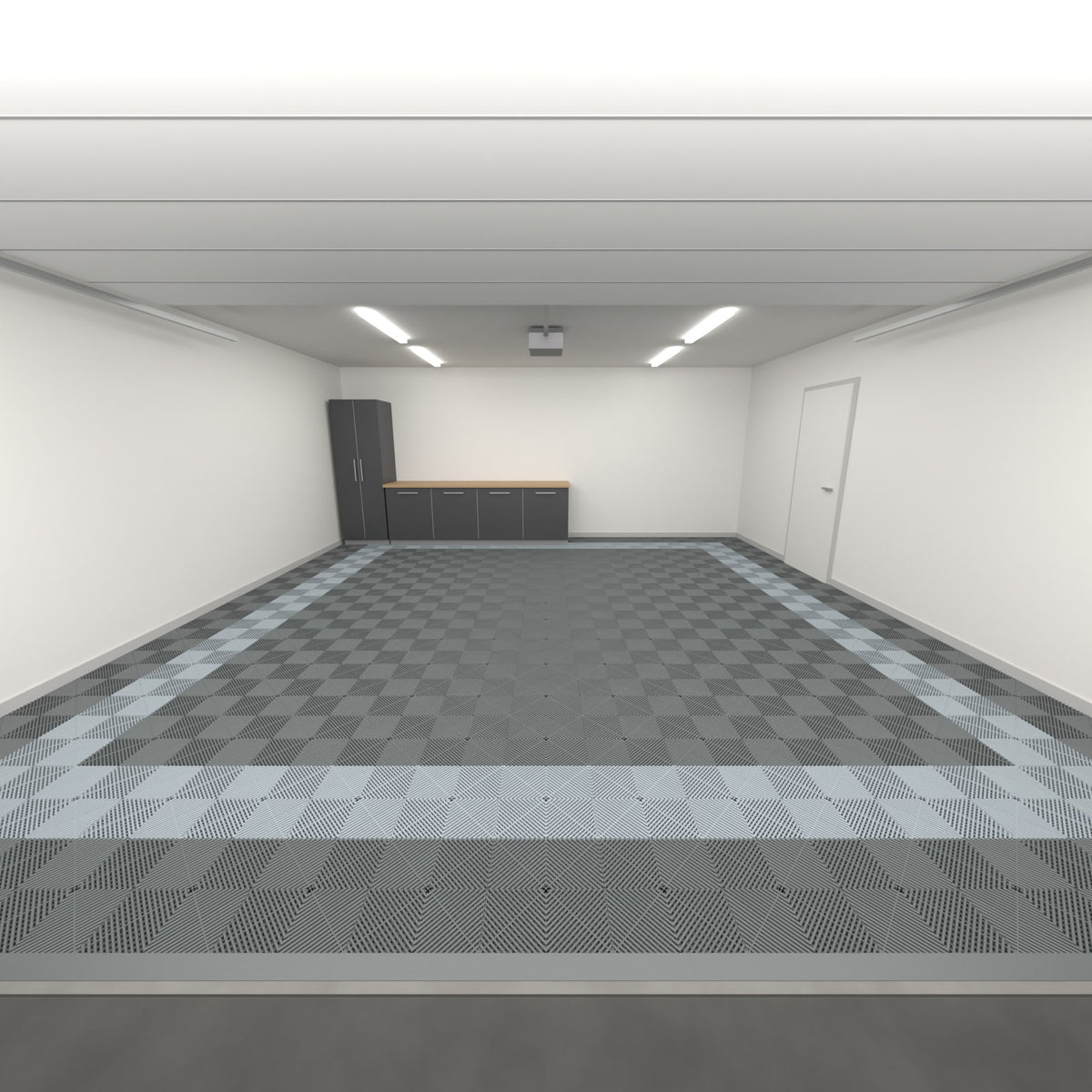 ULTRAGRID Double Garage Floor Kit, Border Plain Infill, Space Grey / Silver Grey, seen from the garage door