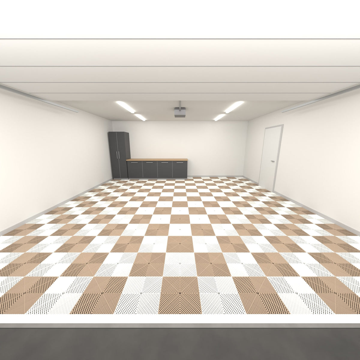 ULTRAGRID Double Garage Floor Kit, Chequer, Alpine White / Stone Beige, seen from the garage door