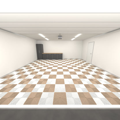 ULTRAGRID Double Garage Floor Kit, Chequer, Alpine White / Stone Beige, seen from the garage door