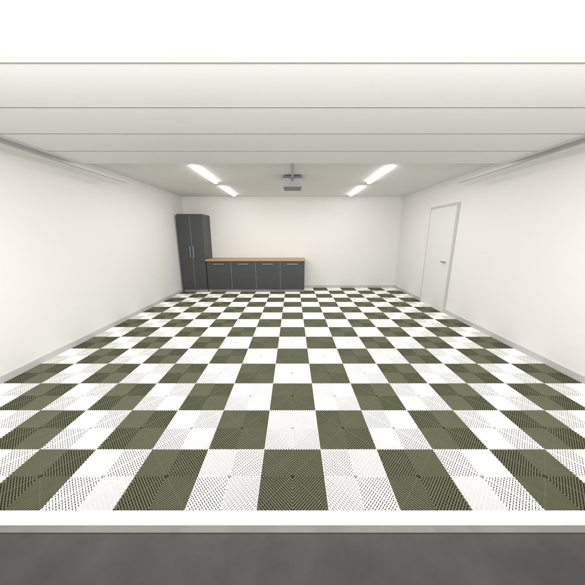 ULTRAGRID Double Garage Floor Kit, Chequer, Alpine White / Tactical Olive, seen from the garage door