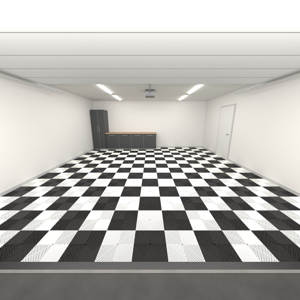 ULTRAGRID Double Garage Floor Kit, Chequer, Jet Black / Alpine White, seen from the garage door