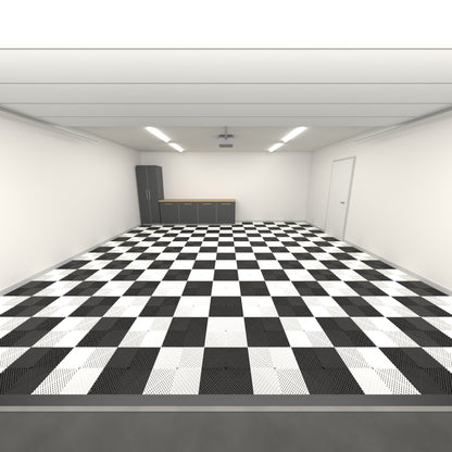 ULTRAGRID Double Garage Floor Kit, Chequer, Jet Black / Alpine White, seen from the garage door