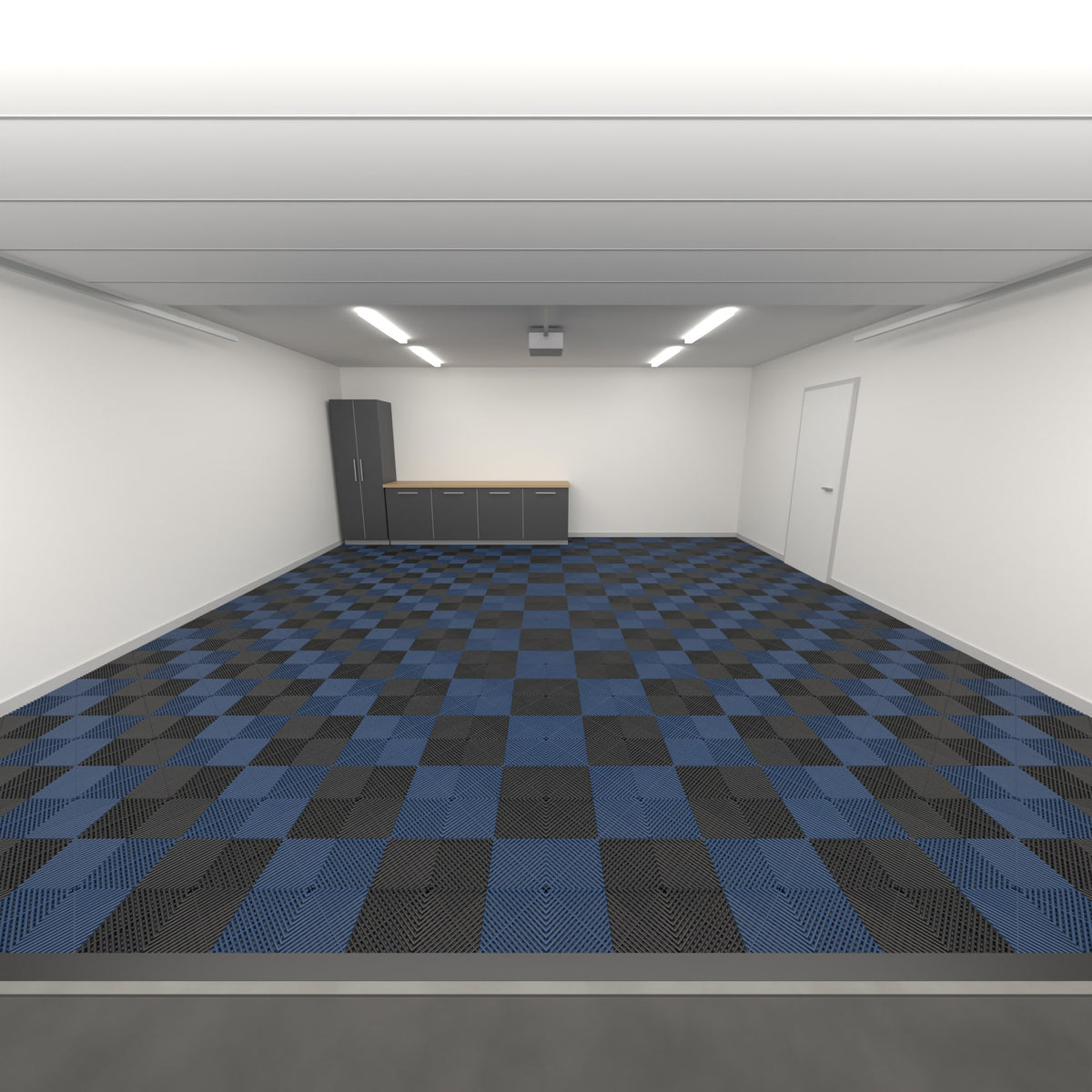 ULTRAGRID Double Garage Floor Kit, Chequer, Jet Black / Night Blue, seen from the garage door