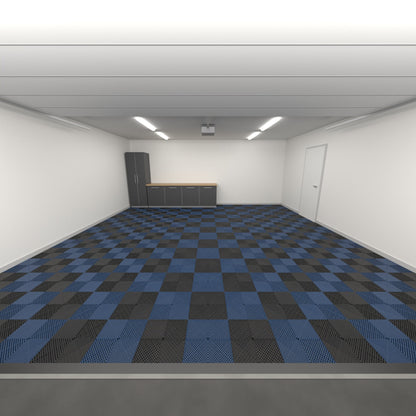 ULTRAGRID Double Garage Floor Kit, Chequer, Jet Black / Night Blue, seen from the garage door