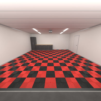 ULTRAGRID Double Garage Floor Kit, Chequer, Jet Black / Rosso Red, seen from the garage door