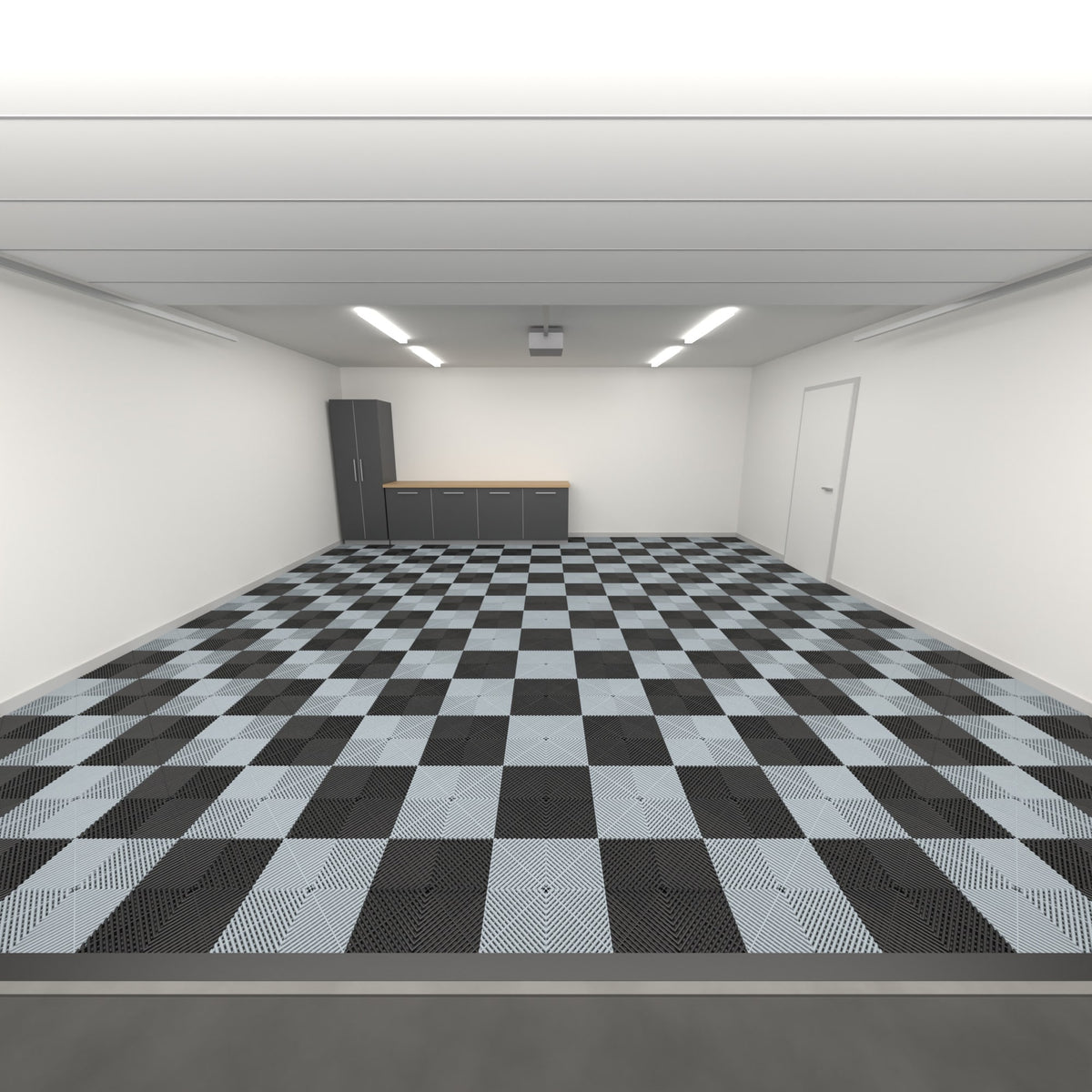 ULTRAGRID Double Garage Floor Kit, Chequer, Jet Black / Silver Grey, seen from the garage door