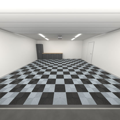 ULTRAGRID Double Garage Floor Kit, Chequer, Jet Black / Silver Grey, seen from the garage door