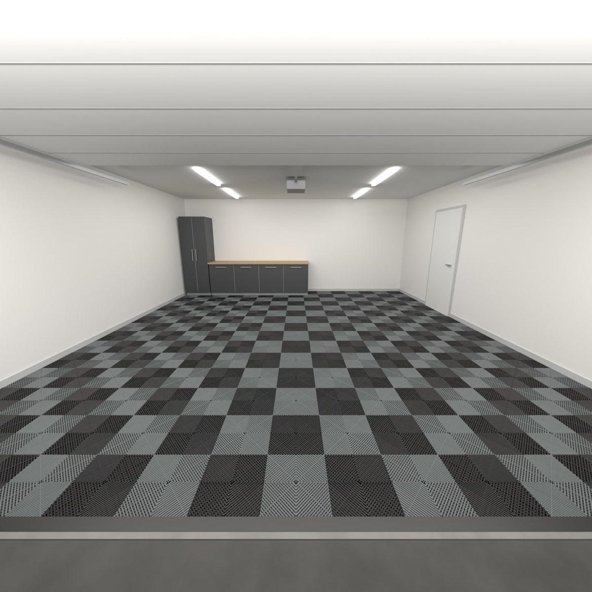 ULTRAGRID Double Garage Floor Kit, Chequer, Jet Black / Space Grey, seen from the garage door