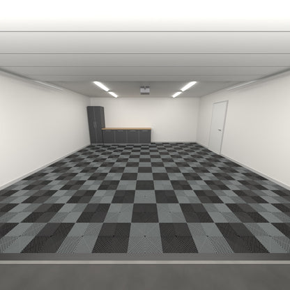 ULTRAGRID Double Garage Floor Kit, Chequer, Jet Black / Space Grey, seen from the garage door