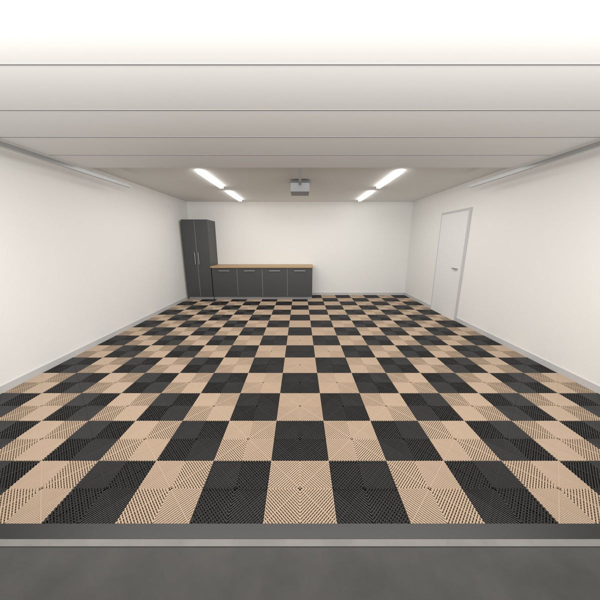 ULTRAGRID Double Garage Floor Kit, Chequer, Jet Black / Stone Beige, seen from the garage door