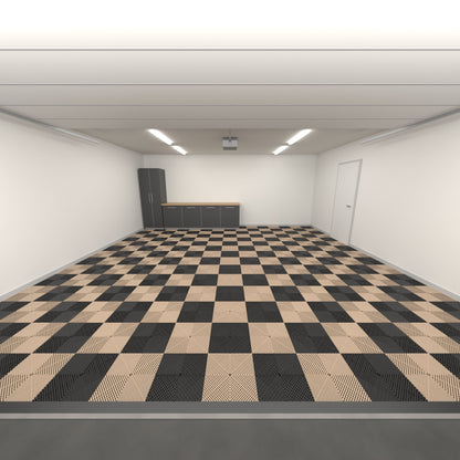 ULTRAGRID Double Garage Floor Kit, Chequer, Jet Black / Stone Beige, seen from the garage door