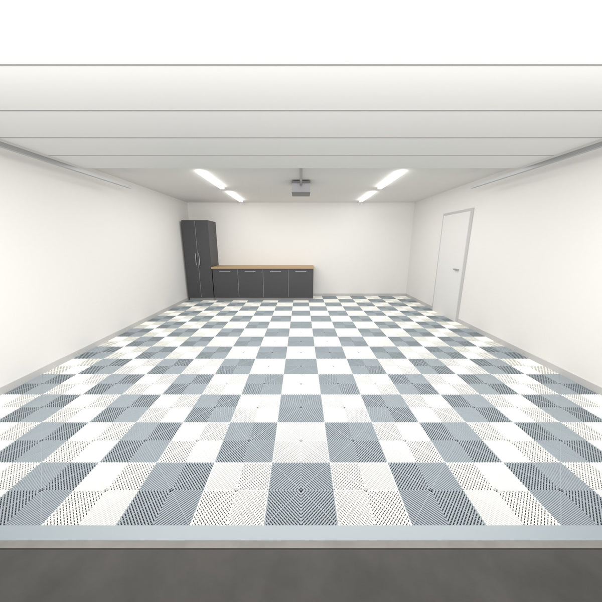 ULTRAGRID Double Garage Floor Kit, Chequer, Silver Grey / Alpine White, seen from the garage door