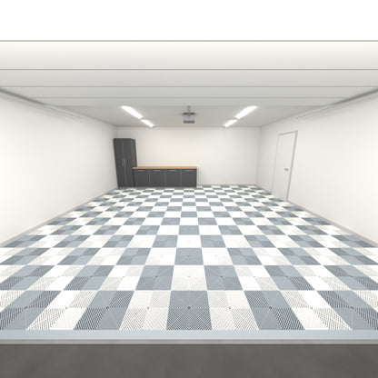 ULTRAGRID Double Garage Floor Kit, Chequer, Silver Grey / Alpine White, seen from the garage door