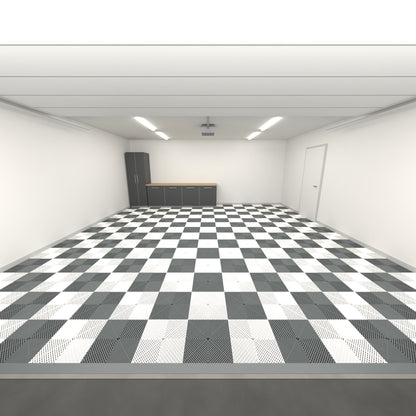 ULTRAGRID Double Garage Floor Kit, Chequer, Space Grey / Alpine White, seen from the garage door