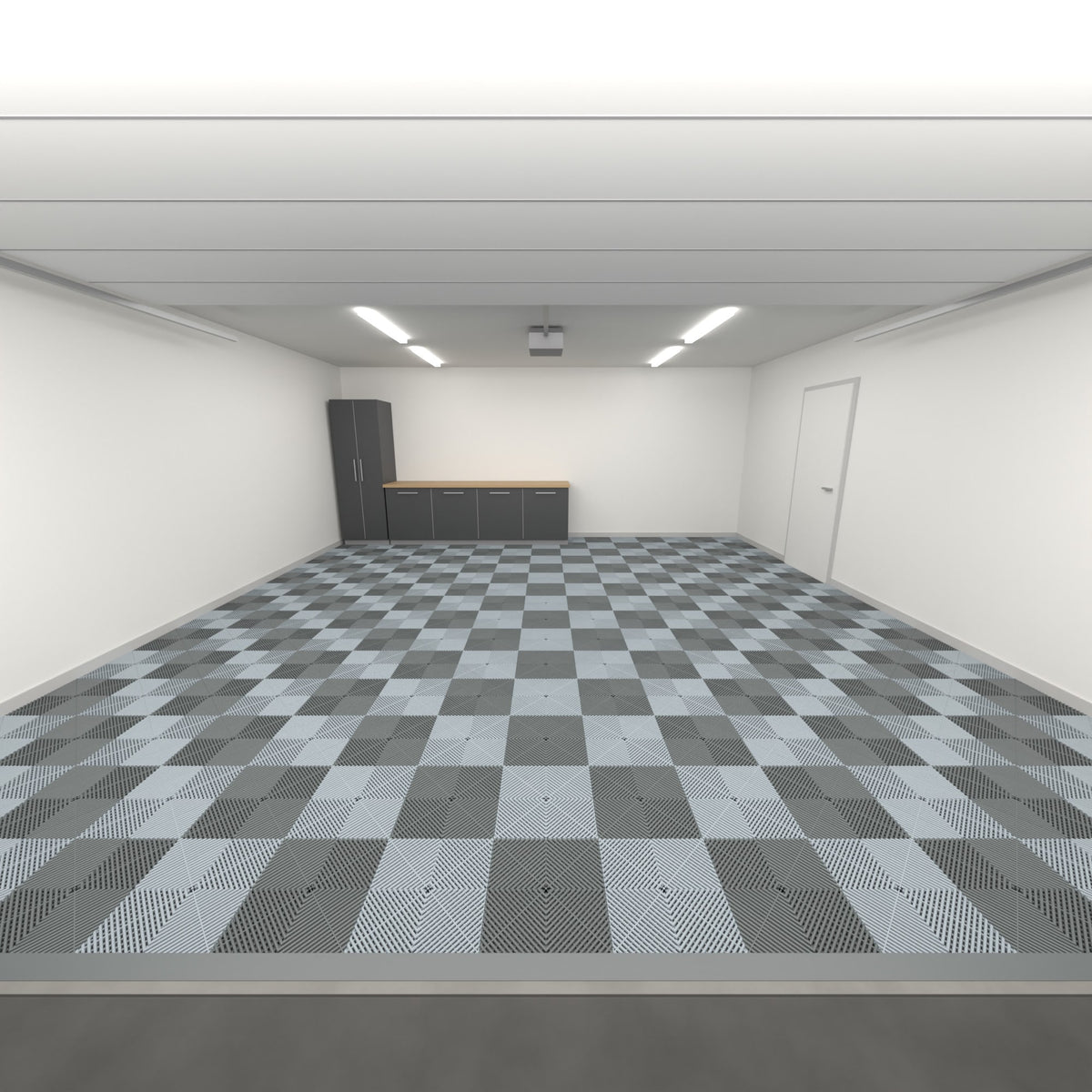 ULTRAGRID Double Garage Floor Kit, Chequer, Space Grey / Silver Grey, seen from the garage door