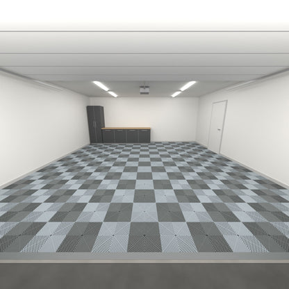 ULTRAGRID Double Garage Floor Kit, Chequer, Space Grey / Silver Grey, seen from the garage door
