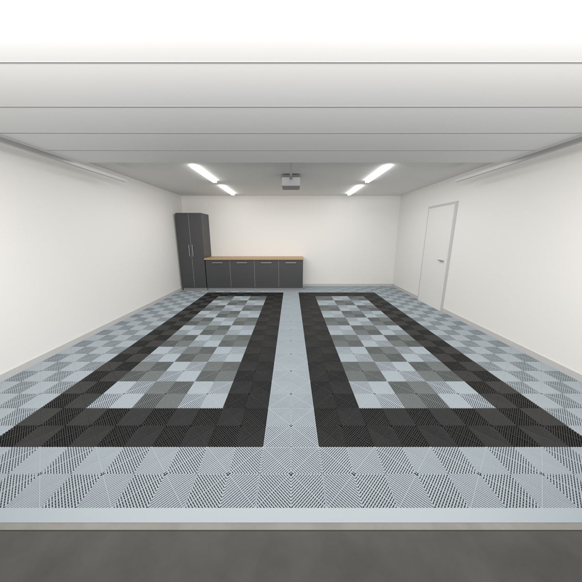 ULTRAGRID Double Garage Floor Kit, Parking Bay Chequer Infill, Silver Grey / Jet Black / Dark & Light Grey, seen from the garage door