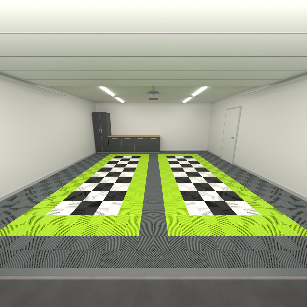 ULTRAGRID Double Garage Floor Kit, Parking Bay Chequer Infill, Space Grey / Electric Green / Black & White, seen from the garage door