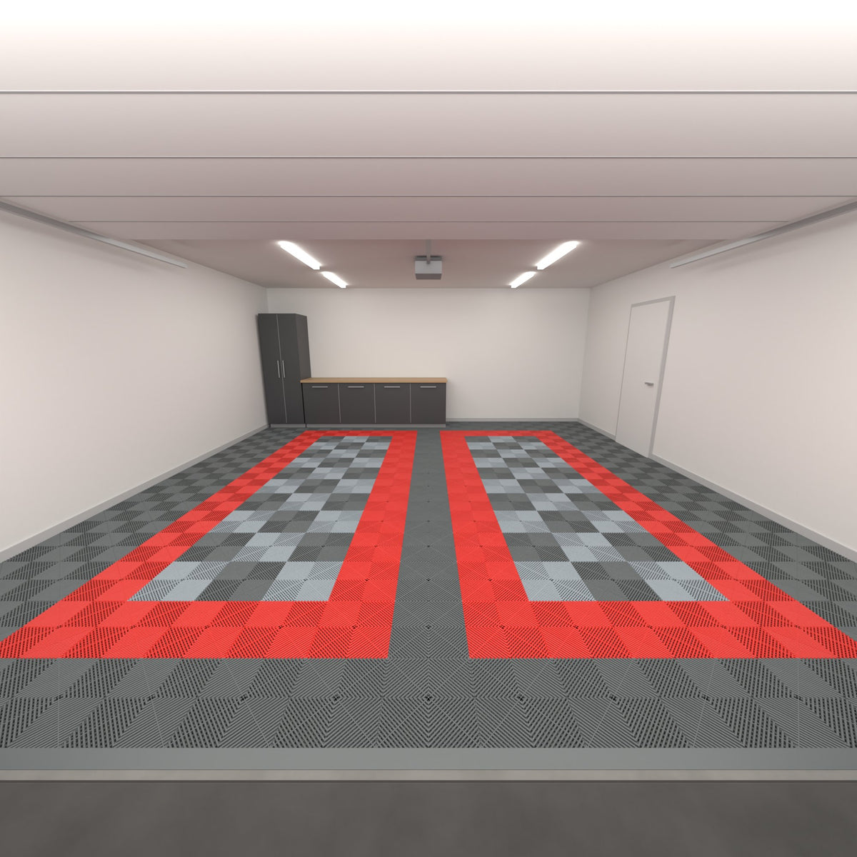 ULTRAGRID Double Garage Floor Kit, Parking Bay Chequer Infill, Space Grey / Rosso Red / Dark & Light Grey, seen from the garage door