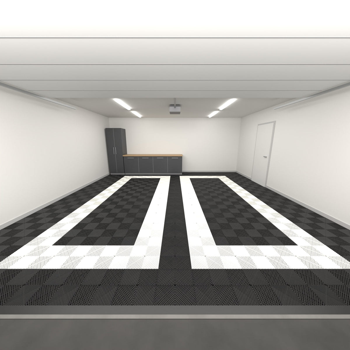 ULTRAGRID Double Garage Floor Kit, Parking Bay Plain Infill, Jet Black / Alpine White / Jet Black, seen from the garage door