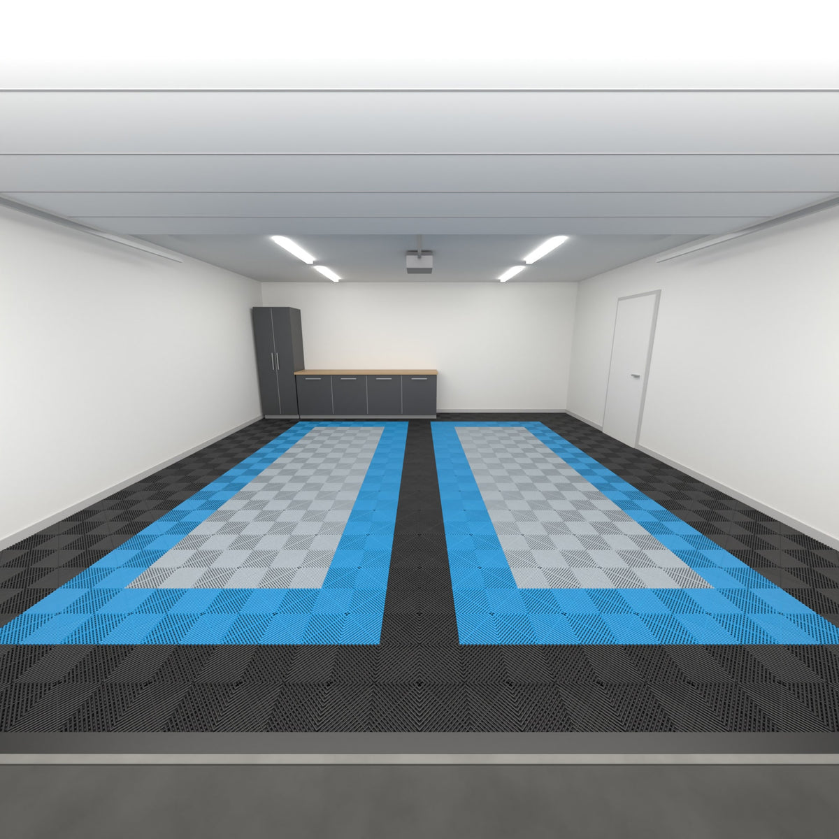 ULTRAGRID Double Garage Floor Kit, Parking Bay Plain Infill, Jet Black / Riviera Blue / Silver Grey, seen from the garage door
