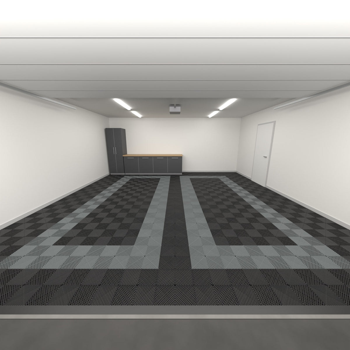 ULTRAGRID Double Garage Floor Kit, Parking Bay Plain Infill, Jet Black / Space Grey / Jet Black, seen from the garage door