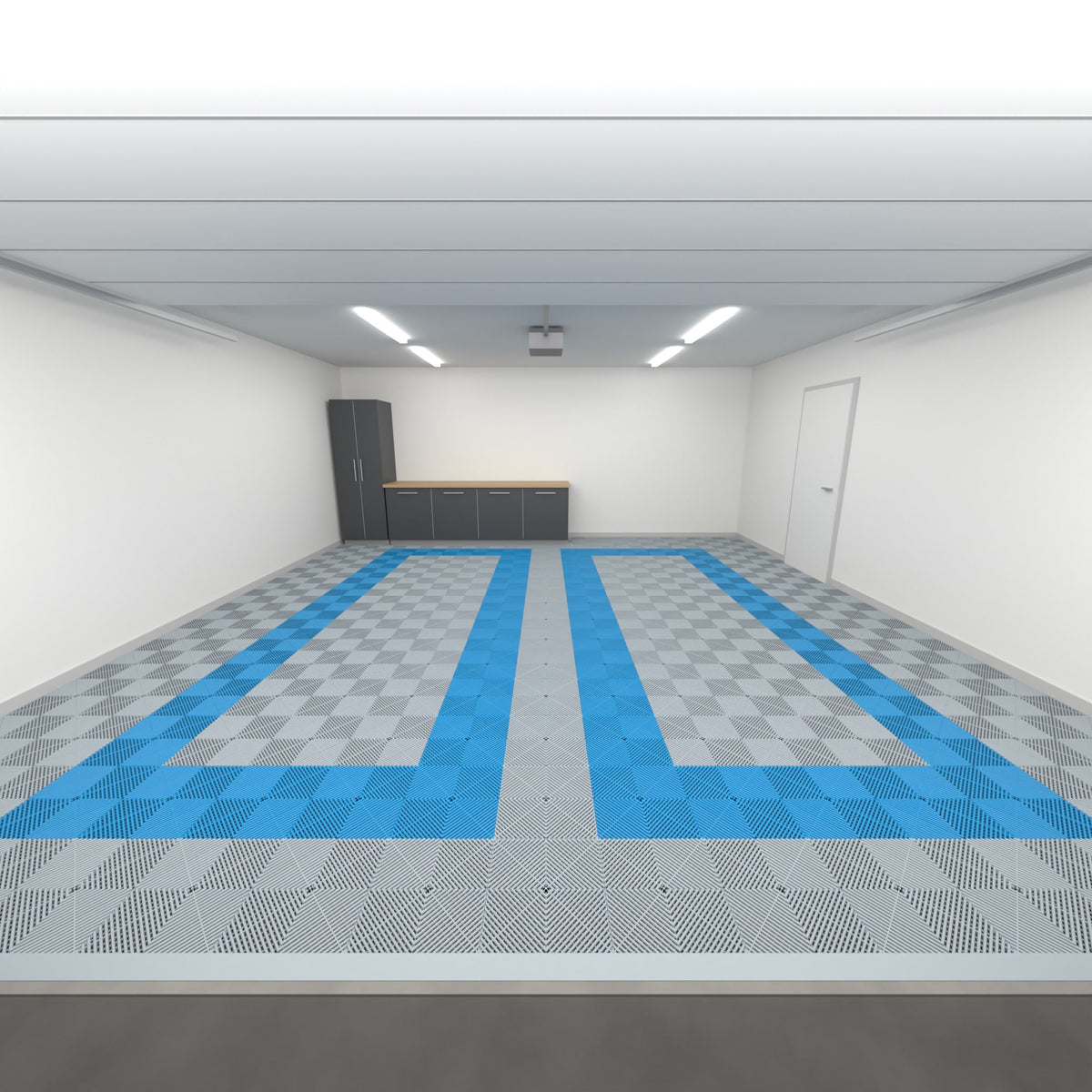 ULTRAGRID Double Garage Floor Kit, Parking Bay Plain Infill, Silver Grey / Riviera Blue / Silver Grey, seen from the garage door