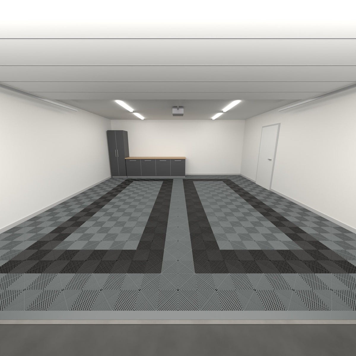ULTRAGRID Double Garage Floor Kit, Parking Bay Plain Infill, Space Grey / Jet Black / Space Grey, seen from the garage door