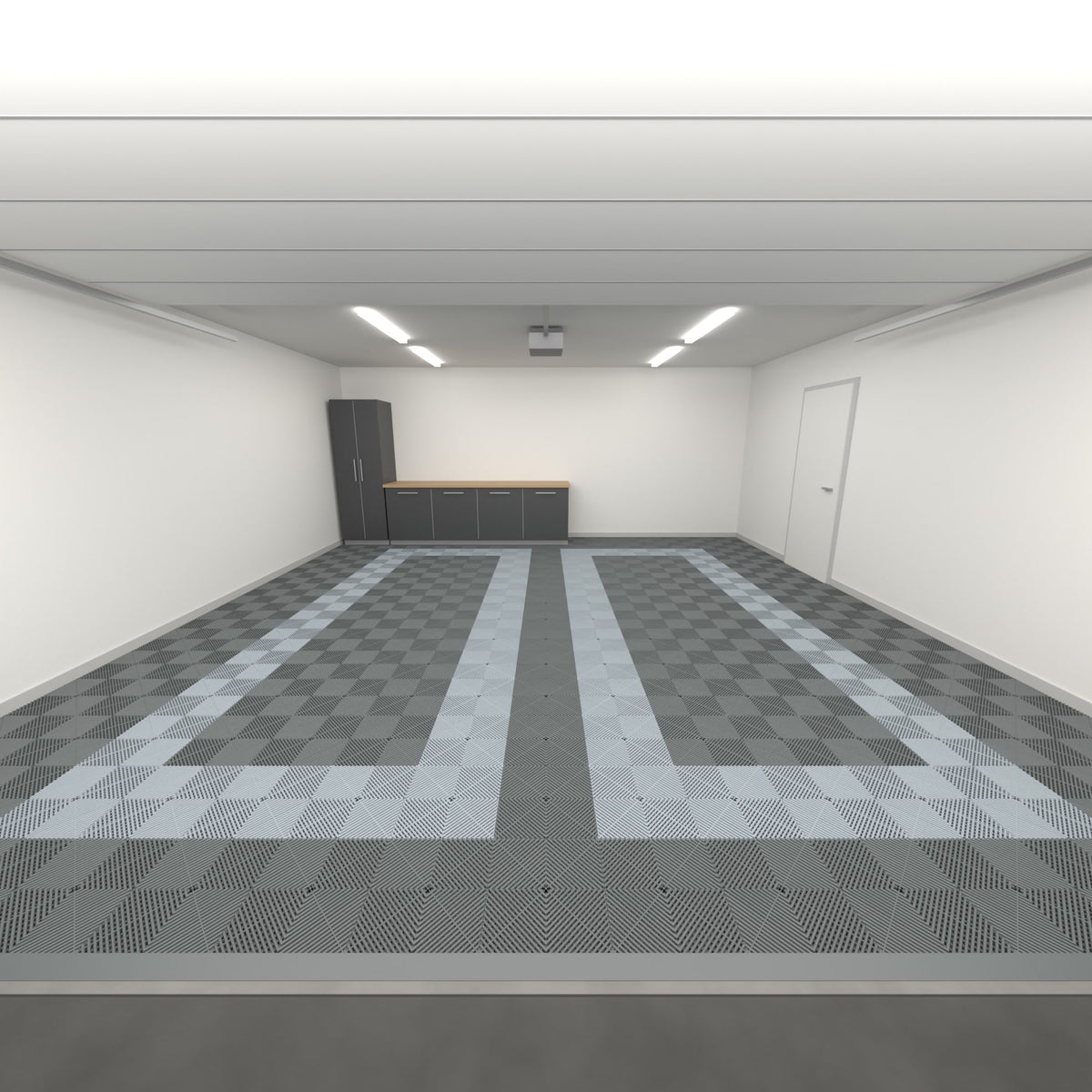 ULTRAGRID Double Garage Floor Kit, Parking Bay Plain Infill, Space Grey / Silver Grey / Space Grey, seen from the garage door