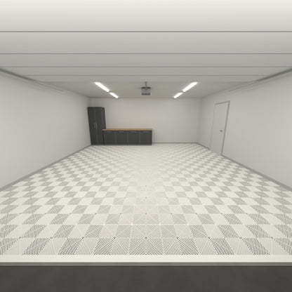 ULTRAGRID Double Garage Floor Kit, Single Colour, Alpine White, seen from the garage door