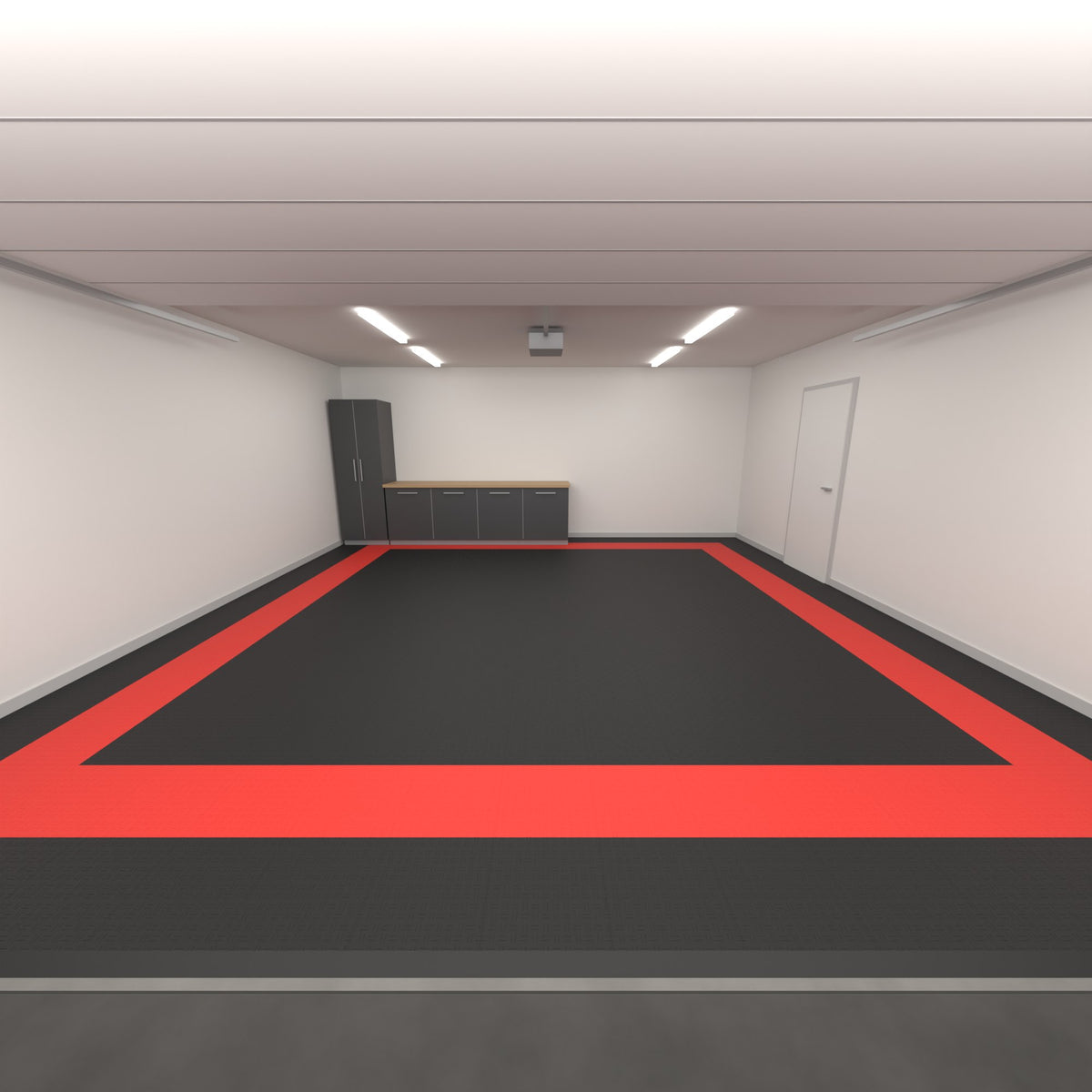 ULTRATUFF Double Garage Floor Kit, Border Plain Infill, Jet Black / Rosso Red, seen from the garage door