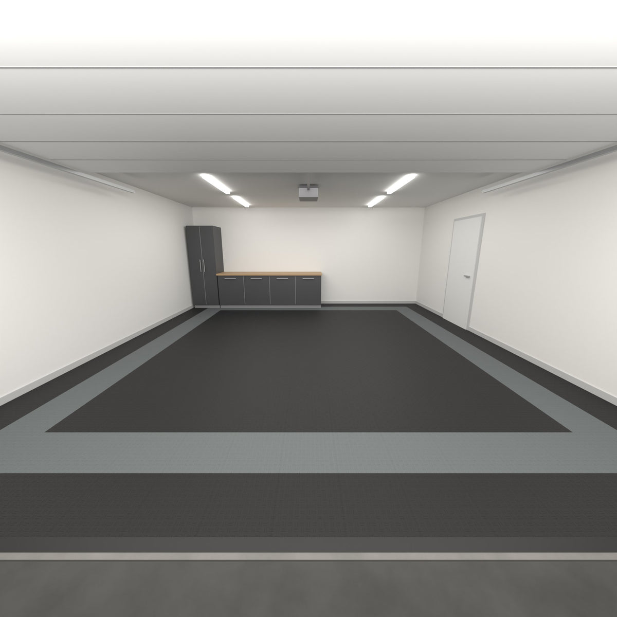 ULTRATUFF Double Garage Floor Kit, Border Plain Infill, Jet Black / Space Grey, seen from the garage door