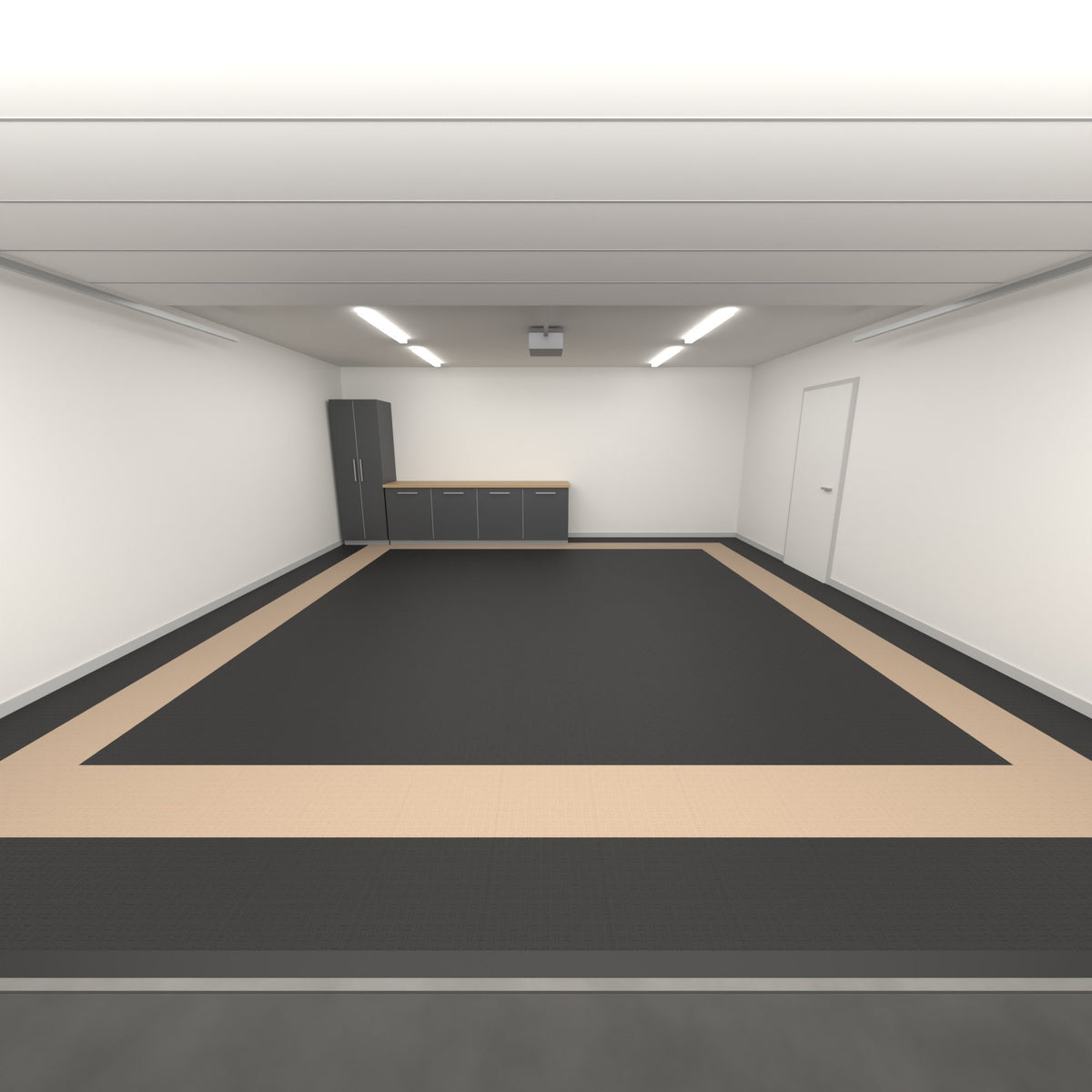 ULTRATUFF Double Garage Floor Kit, Border Plain Infill, Jet Black / Stone Beige, seen from the garage door