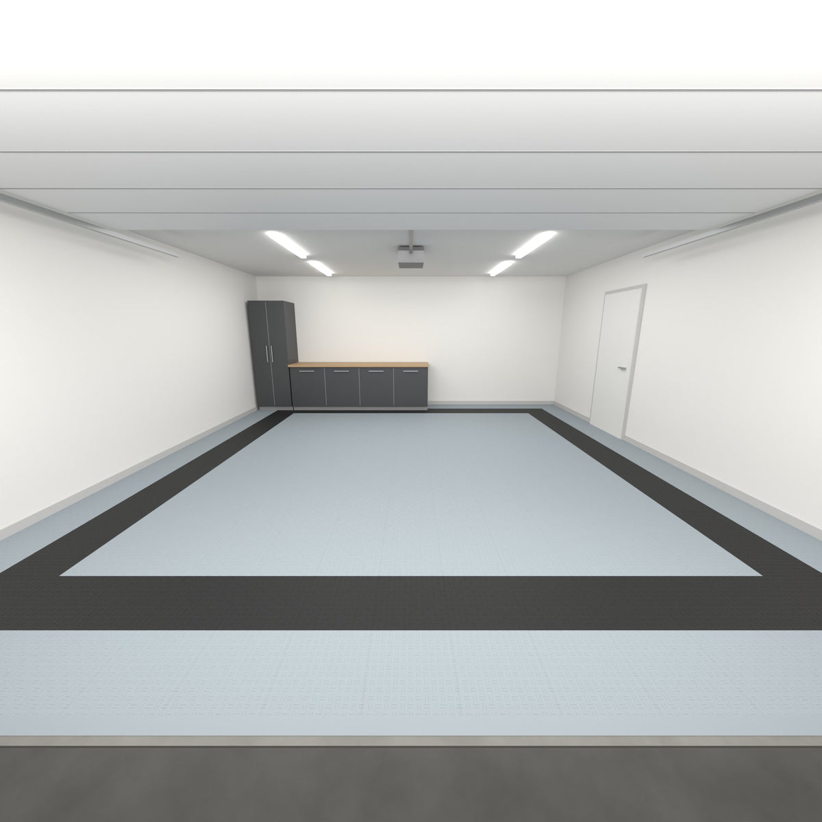 ULTRATUFF Double Garage Floor Kit, Border Plain Infill, Silver Grey / Jet Black, seen from the garage door