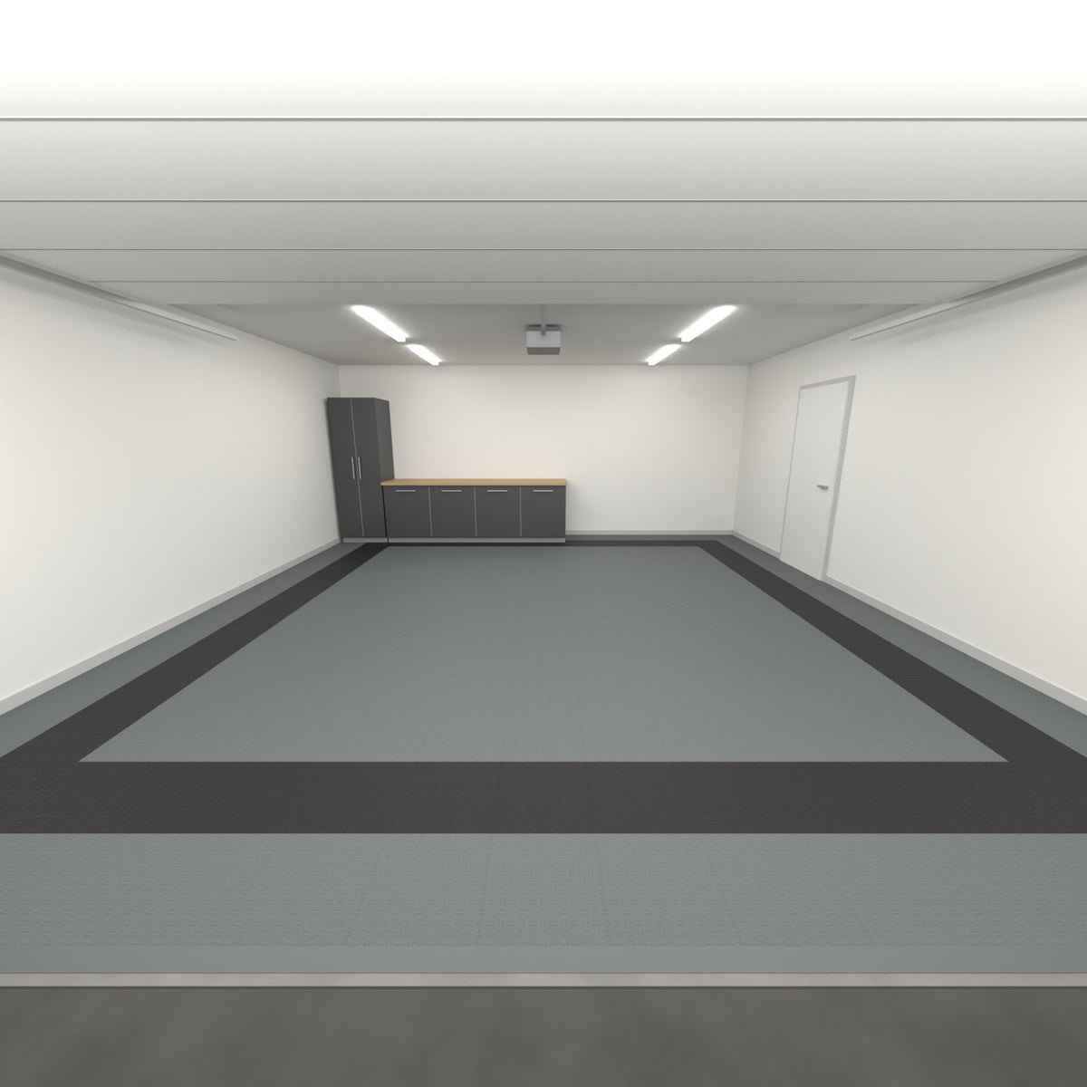ULTRATUFF Double Garage Floor Kit, Border Plain Infill, Space Grey / Jet Black, seen from the garage door