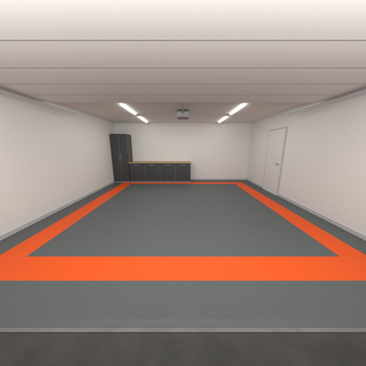 ULTRATUFF Double Garage Floor Kit, Border Plain Infill, Space Grey / Lava Orange, seen from the garage door