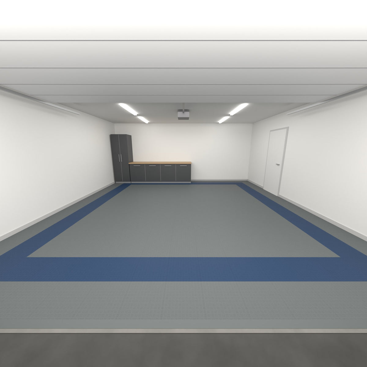 ULTRATUFF Double Garage Floor Kit, Border Plain Infill, Space Grey / Night Blue, seen from the garage door