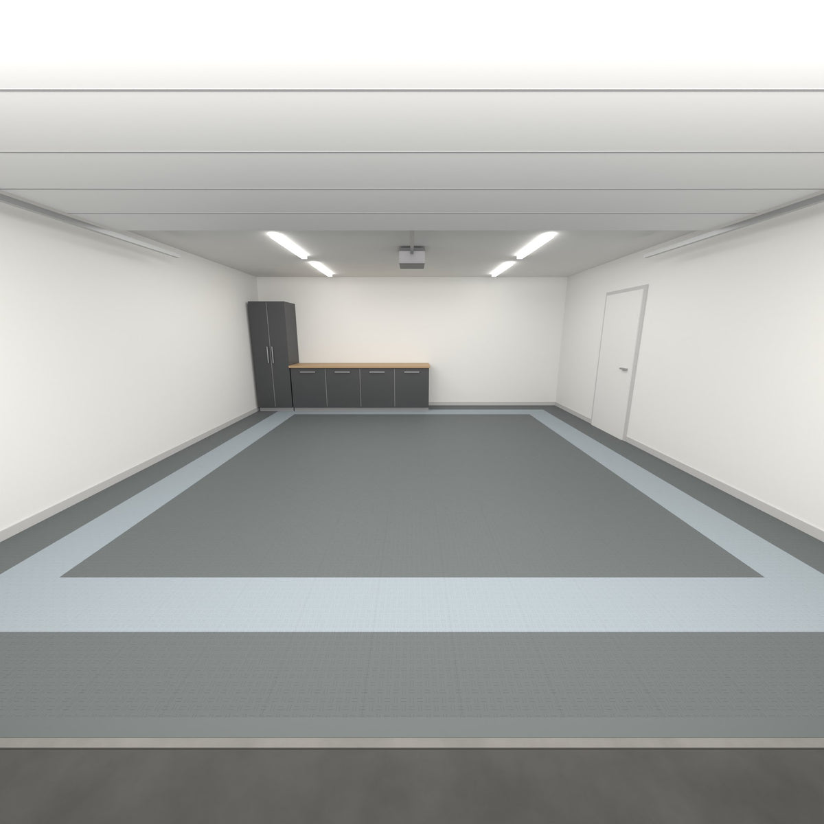 ULTRATUFF Double Garage Floor Kit, Border Plain Infill, Space Grey / Silver Grey, seen from the garage door