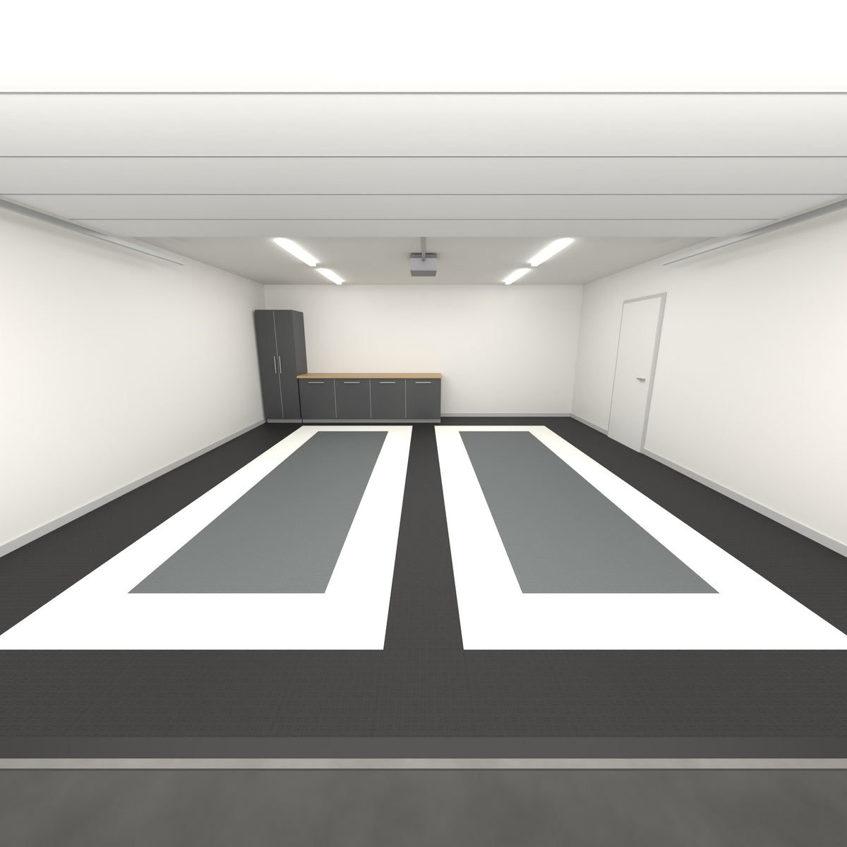 ULTRATUFF Double Garage Floor Kit, Parking Bay Plain Infill, Jet Black / Alpine White / Space Grey, seen from the garage door
