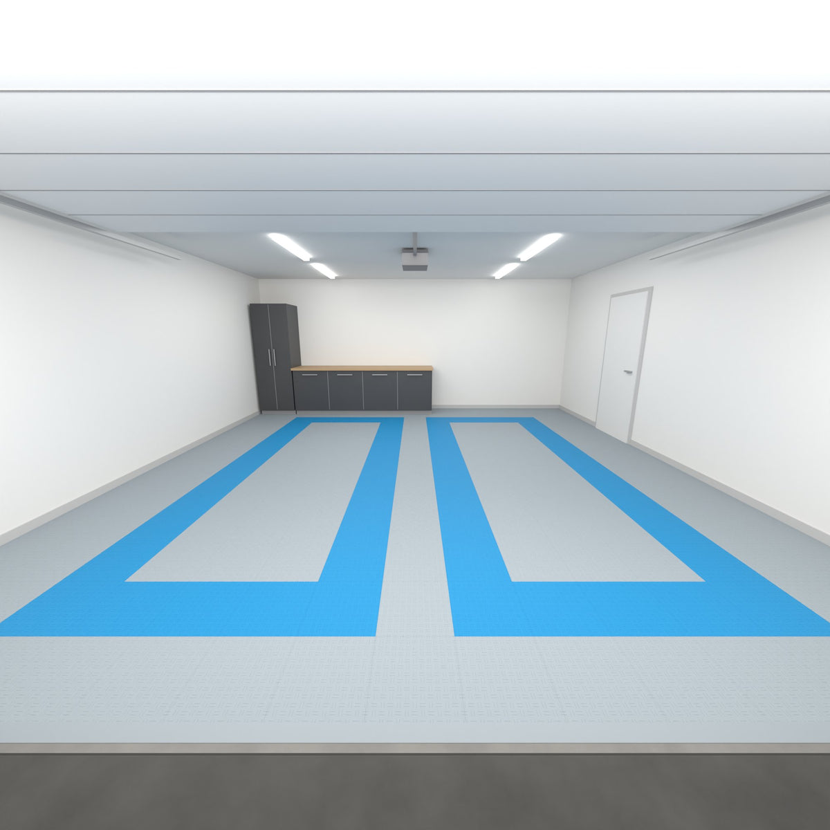 ULTRATUFF Double Garage Floor Kit, Parking Bay Plain Infill, Silver Grey / Riviera Blue / Silver Grey, seen from the garage door