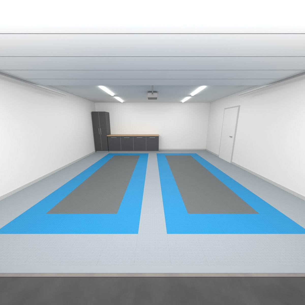 ULTRATUFF Double Garage Floor Kit, Parking Bay Plain Infill, Silver Grey / Riviera Blue / Space Grey, seen from the garage door