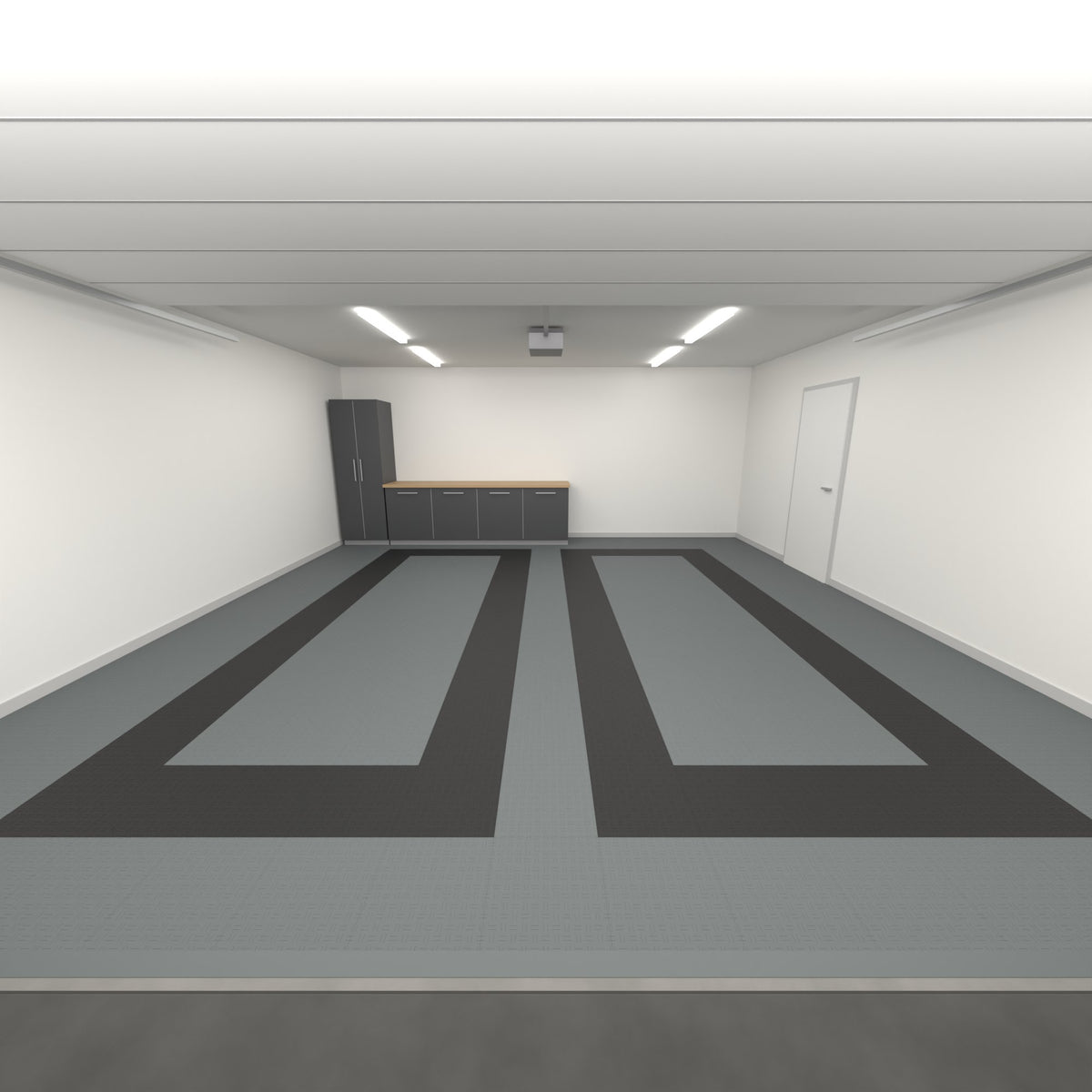 ULTRATUFF Double Garage Floor Kit, Parking Bay Plain Infill, Space Grey / Jet Black / Space Grey, seen from the garage door