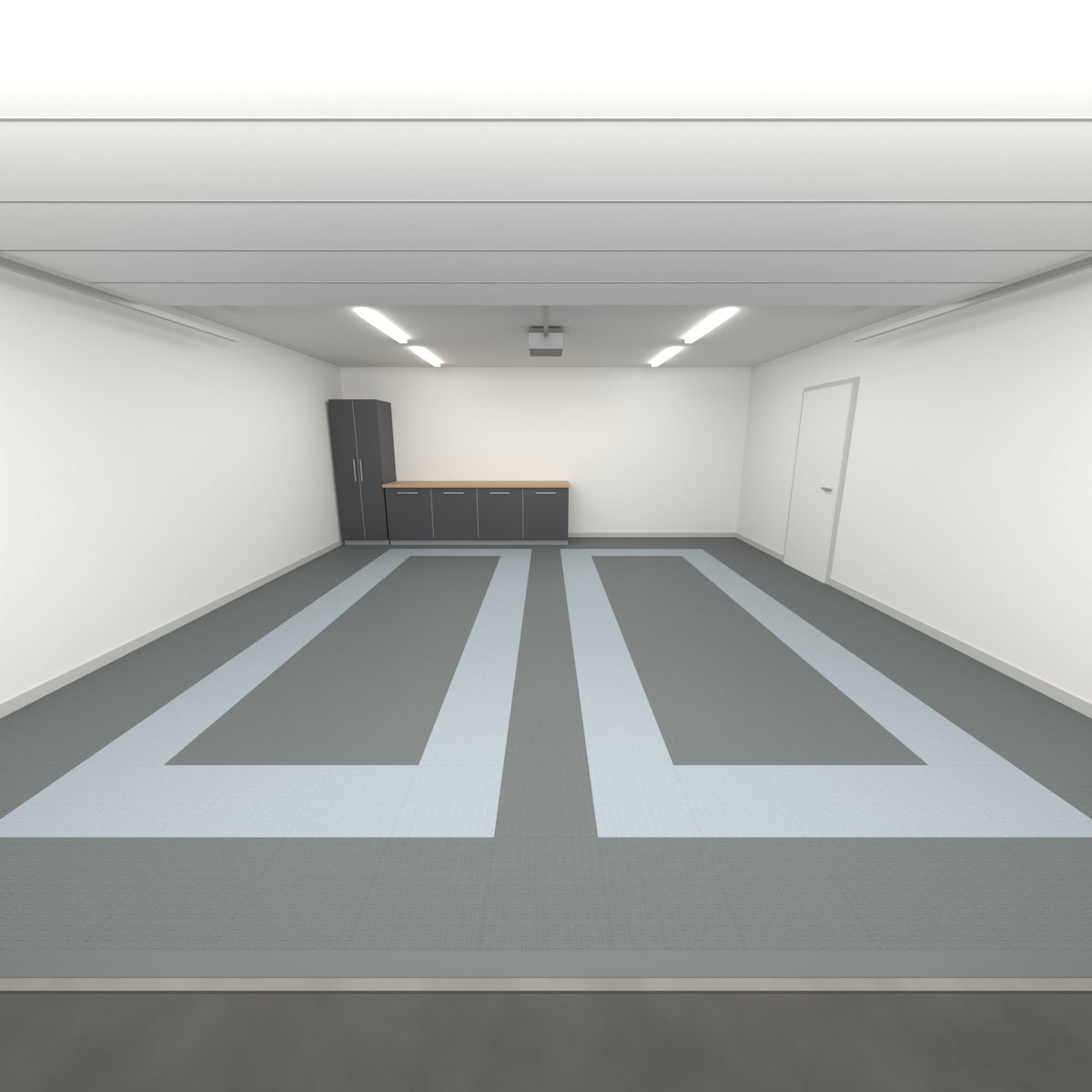 ULTRATUFF Double Garage Floor Kit, Parking Bay Plain Infill, Space Grey / Silver Grey / Space Grey, seen from the garage door