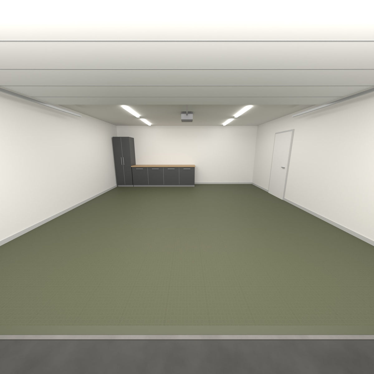 ULTRATUFF Double Garage Floor Kit, Single Colour, Tactical Olive, seen from the garage door
