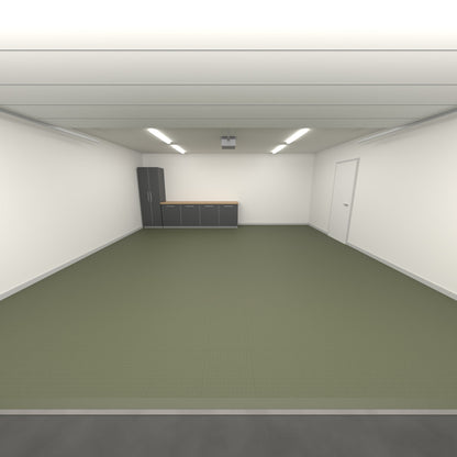 ULTRATUFF Double Garage Floor Kit, Single Colour, Tactical Olive, seen from the garage door